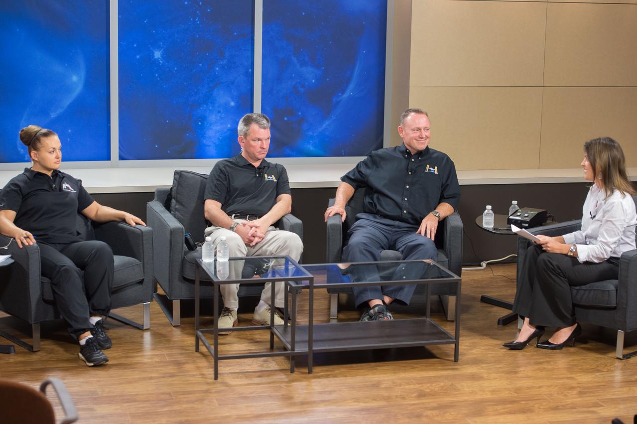  PHOTO DATE:  07-16-14  LOCATION:   Bldg. 2s - PAO Studio B SUBJECT: Expedition 41/42 Crew News Conference with crew members Elena Serova (RSA), Alexander Samokutyaev (RSA) and Barry "Butch" Wilmore.  PHOTOGRAPHER: BILL STAFFORD