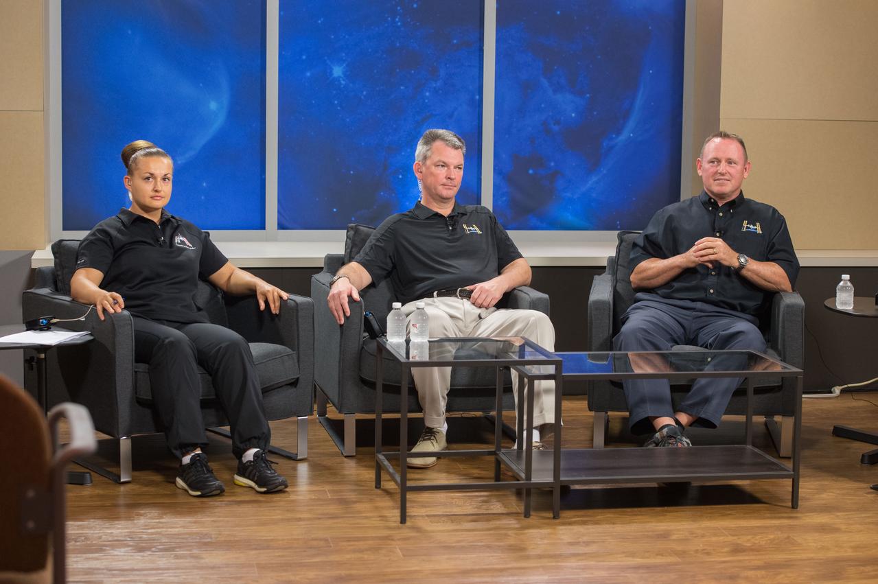  PHOTO DATE:  07-16-14  LOCATION:   Bldg. 2s - PAO Studio B SUBJECT: Expedition 41/42 Crew News Conference with crew members Elena Serova (RSA), Alexander Samokutyaev (RSA) and Barry "Butch" Wilmore.  PHOTOGRAPHER: BILL STAFFORD