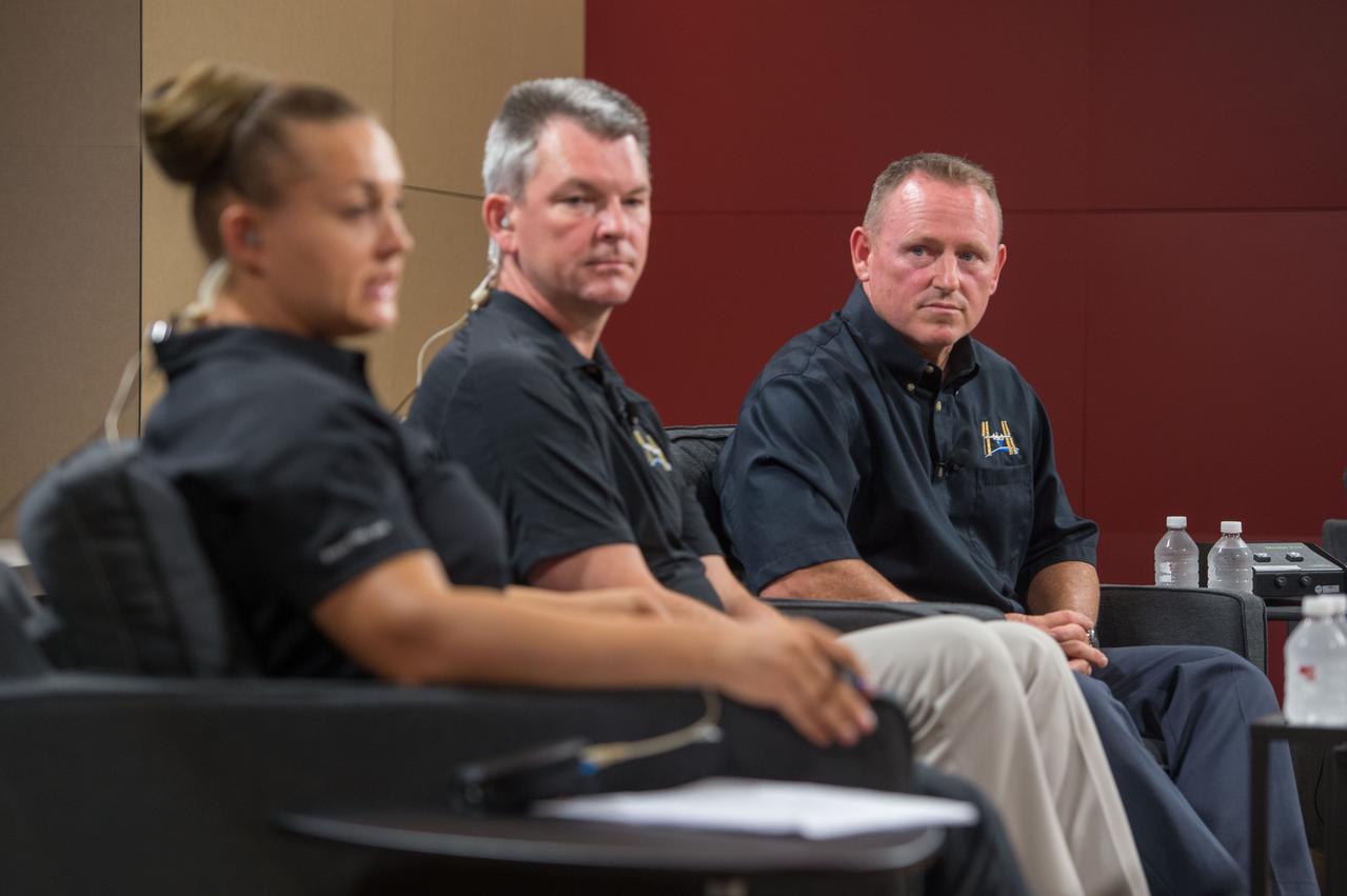  PHOTO DATE:  07-16-14  LOCATION:   Bldg. 2s - PAO Studio B SUBJECT: Expedition 41/42 Crew News Conference with crew members Elena Serova (RSA), Alexander Samokutyaev (RSA) and Barry "Butch" Wilmore.  PHOTOGRAPHER: BILL STAFFORD