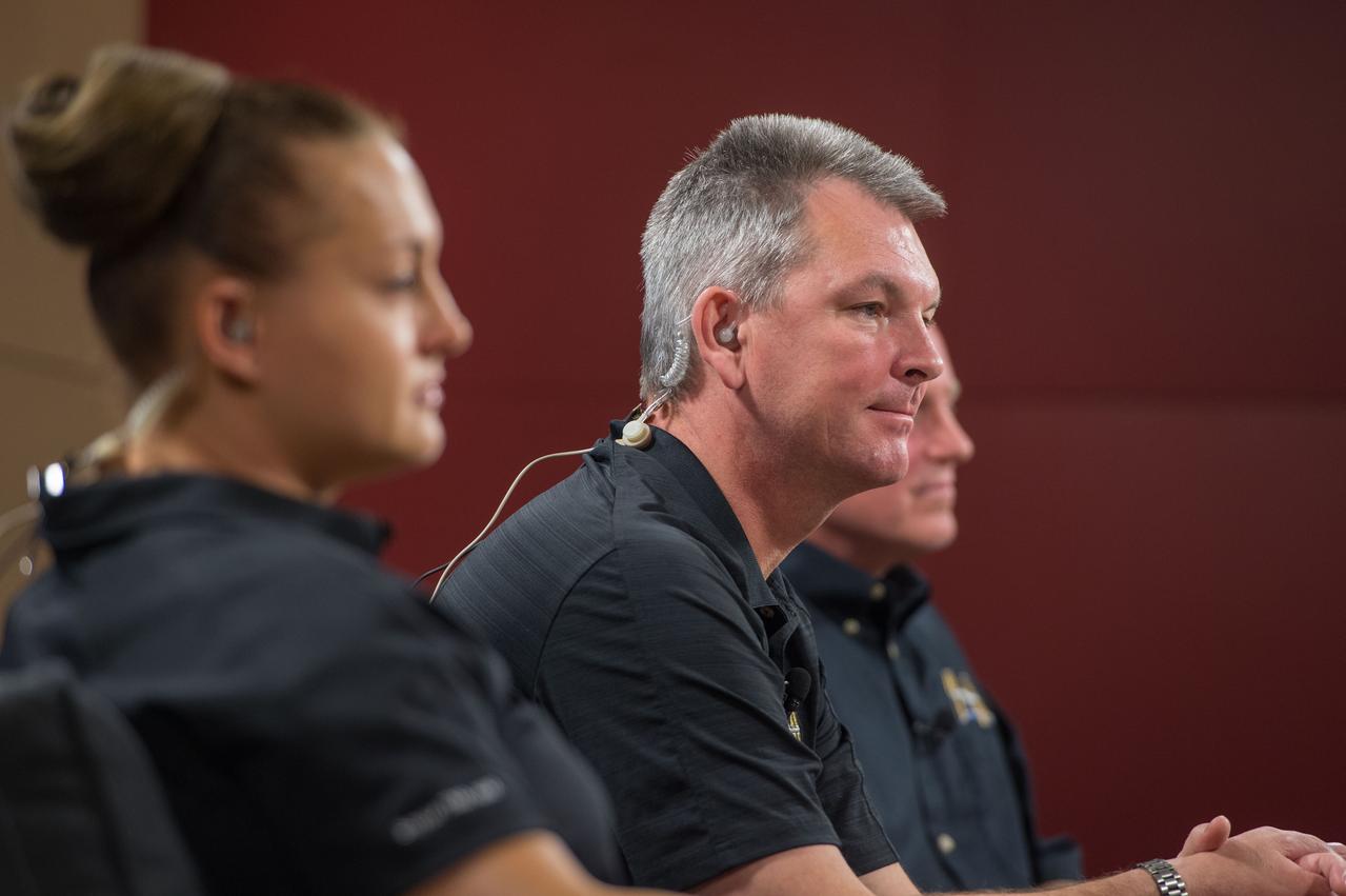  PHOTO DATE:  07-16-14  LOCATION:   Bldg. 2s - PAO Studio B SUBJECT: Expedition 41/42 Crew News Conference with crew members Elena Serova (RSA), Alexander Samokutyaev (RSA) and Barry "Butch" Wilmore.  PHOTOGRAPHER: BILL STAFFORD