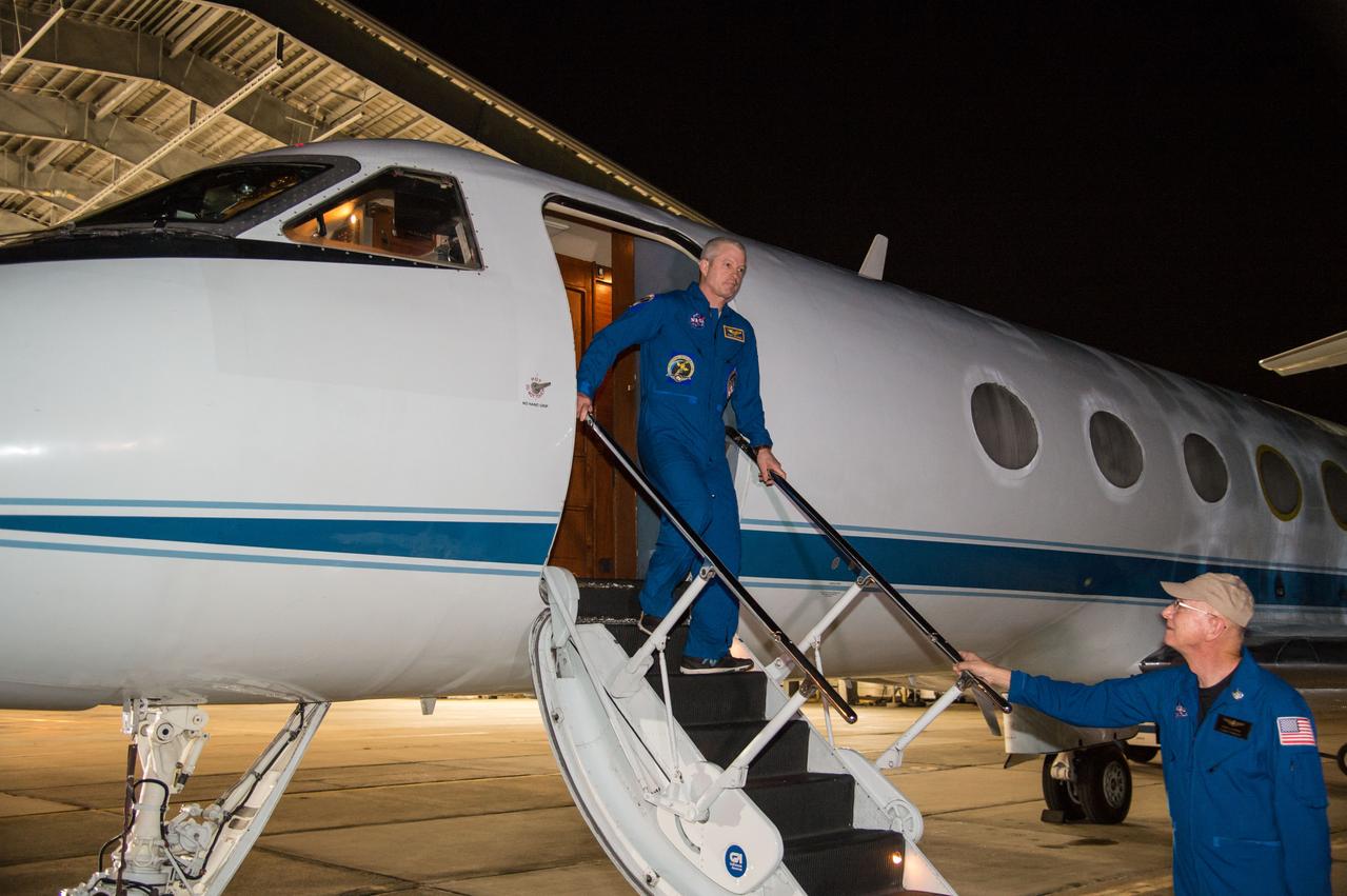 Expedition 40 crew member Steve Swanson during his arrival at Ellington Field.  Photo Date: September 11, 2014.  Location: Ellington Field.  Photographer: Robert Markowitz