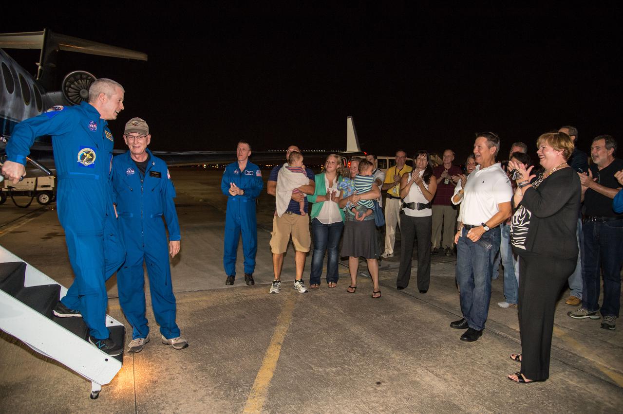 Expedition 40 crew member Steve Swanson during his arrival at Ellington Field.  Photo Date: September 11, 2014.  Location: Ellington Field.  Photographer: Robert Markowitz