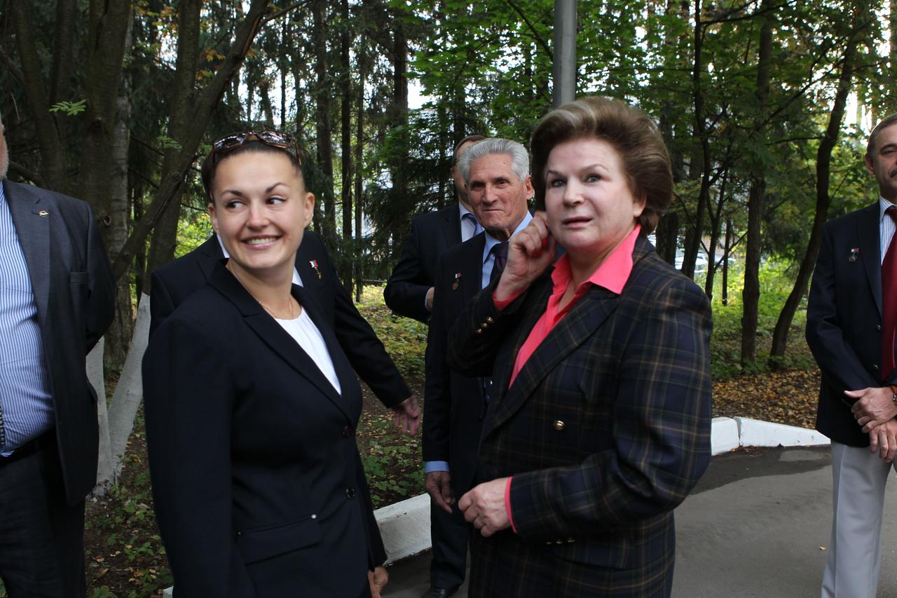 2861:  At the Gagarin Cosmonaut Training Center in Star City, Russia, Expedition 41/42 Flight Engineer Elena Serova of the Russian Federal Space Agency (Roscosmos) enjoys the spotlight with the first woman to fly in space, Russian icon Valentina Tereshkova, during the Expedition crew’s departure activities Sept. 12 prior to flying to their launch site at the Baikonur Cosmodrome in Kazakhstan for final pre-launch training. Serova, who will become the fourth Russian woman to fly in space, Soyuz Commander Alexander Samokutyaev of Roscosmos and NASA Flight Engineer Barry Wilmore will launch from Baikonur on Sept. 26, Kazakh time, in their Soyuz TMA-14M spacecraft for a 5 ½ month mission on the International Space Station.  NASA/Stephanie Stoll 