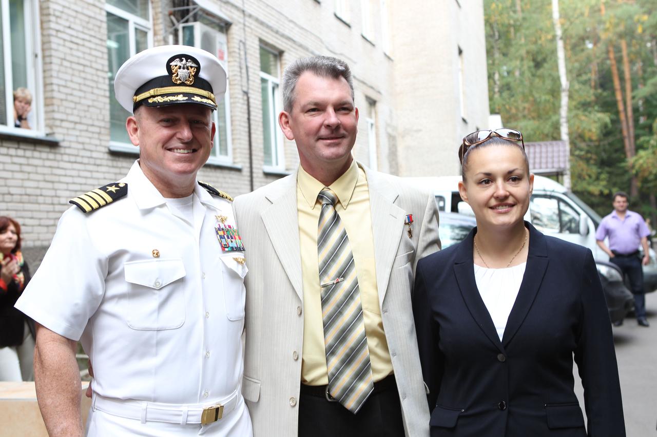 2879:  The Expedition 41/42 prime crewmembers pose for pictures Sept. 12 at the Gagarin Cosmonaut Training Center in Star City, Russia before flying to their launch site at the Baikonur Cosmodrome in Kazakhstan for final pre-launch training. From left to right are Barry Wilmore of NASA, Alexander Samokutyaev of the Russian Federal Space Agency (Roscosmos) and Elena Serova of Roscosmos. Wilmore, Samokutyaev and Serova will launch from Baikonur on Sept. 26, Kazakh time, in their Soyuz TMA-14M spacecraft for a 5 ½ month mission on the International Space Station. Serova will become the fourth Russian woman to fly in space.  NASA/Stephanie Stoll 