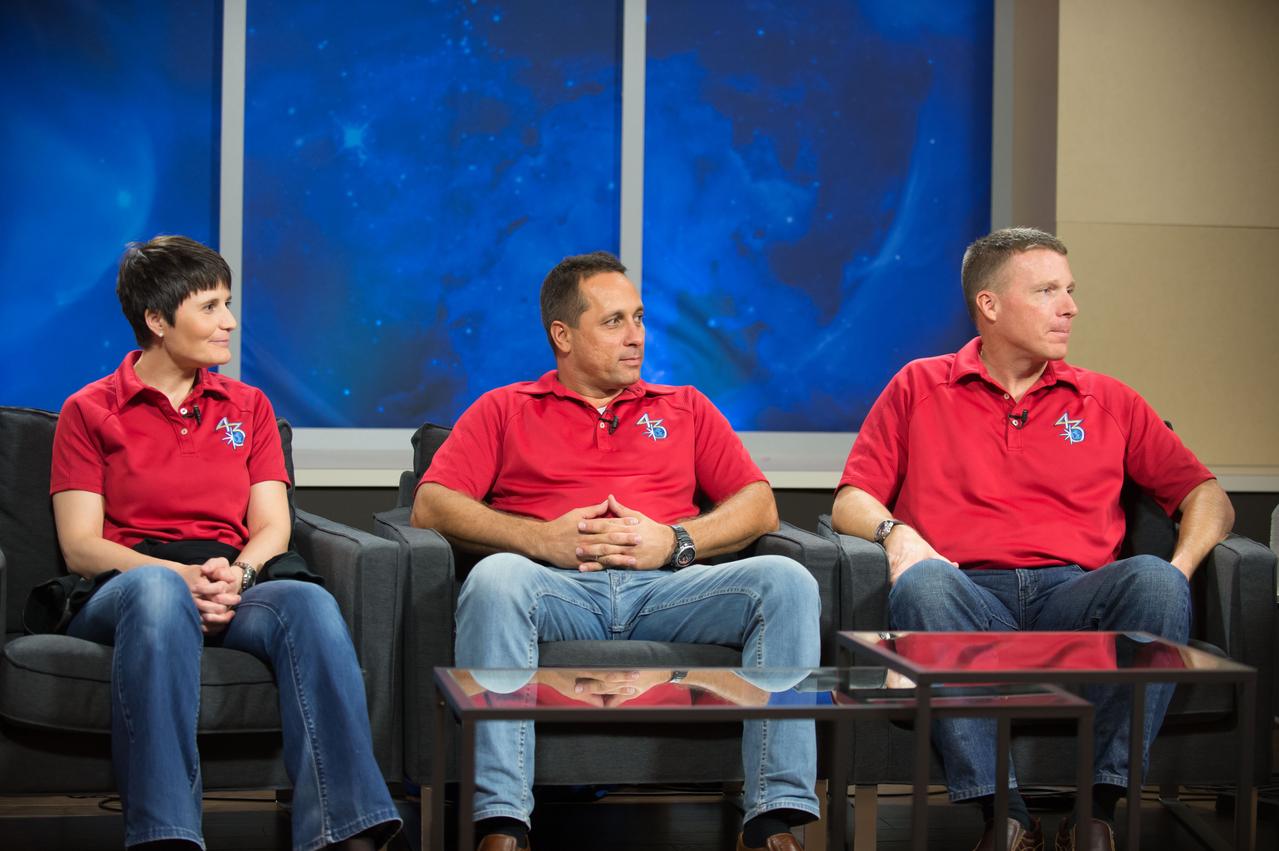 Expedition 42/43 Crew News Conference with crew members Terry Virts, Anton Shkaplerov and Samantha Cristoforetti. Photo Date: September 18, 2014.  Location:  Bldg. 2s - PAO Studio B.  Photographer: Robert Markowitz
