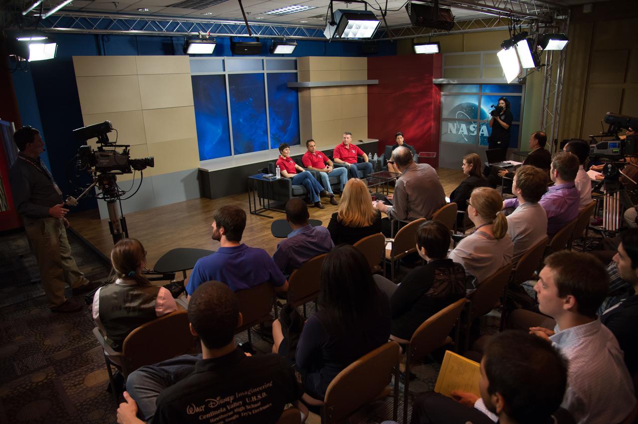 Expedition 42/43 Crew News Conference with crew members Terry Virts, Anton Shkaplerov and Samantha Cristoforetti. Photo Date: September 18, 2014.  Location:  Bldg. 2s - PAO Studio B.  Photographer: Robert Markowitz