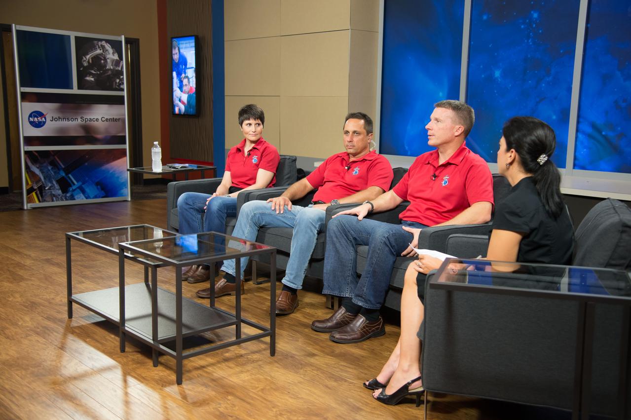 Expedition 42/43 Crew News Conference with crew members Terry Virts, Anton Shkaplerov and Samantha Cristoforetti. Photo Date: September 18, 2014.  Location:  Bldg. 2s - PAO Studio B.  Photographer: Robert Markowitz