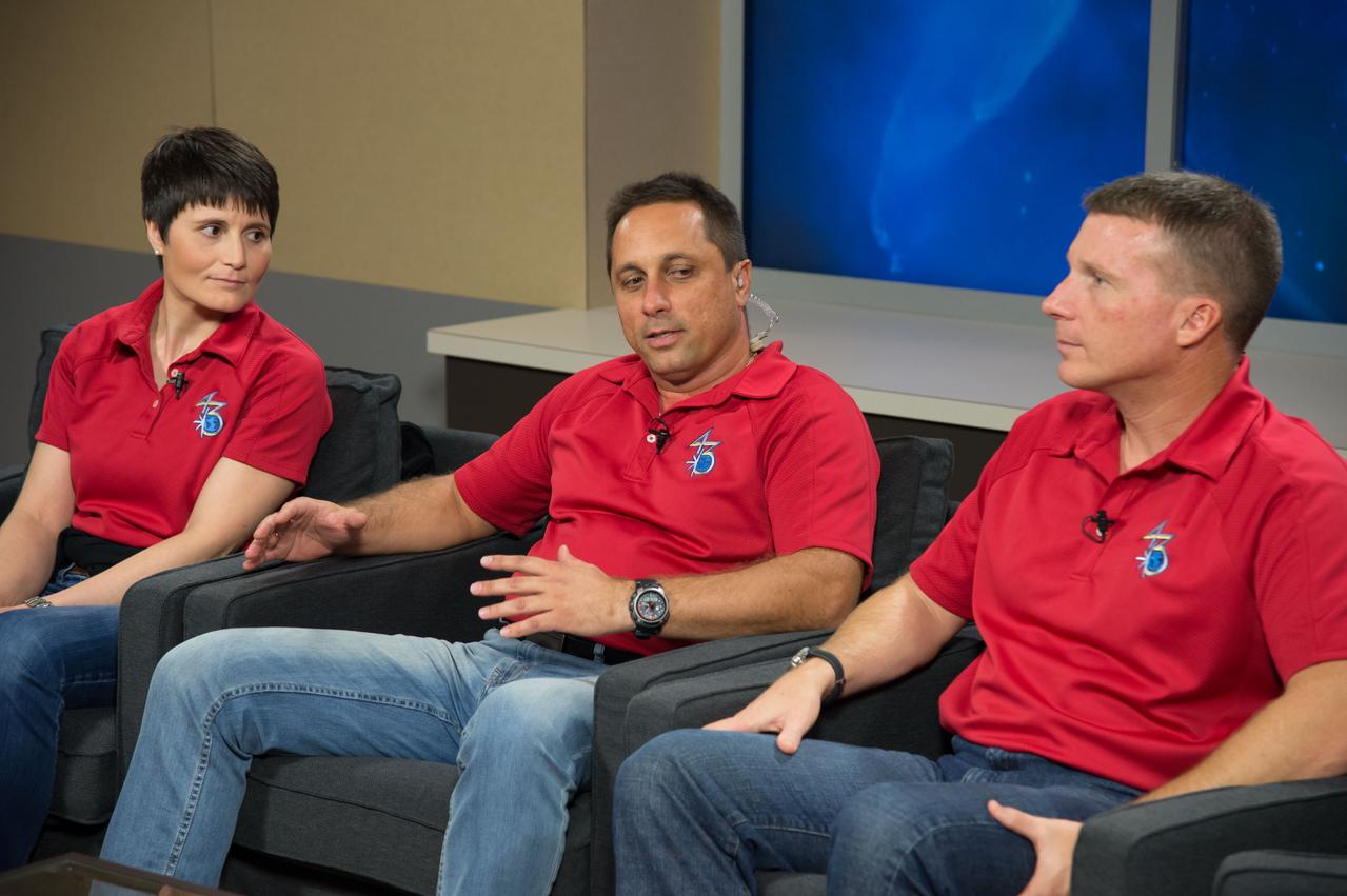 Expedition 42/43 Crew News Conference with crew members Terry Virts, Anton Shkaplerov and Samantha Cristoforetti. Photo Date: September 18, 2014.  Location:  Bldg. 2s - PAO Studio B.  Photographer: Robert Markowitz
