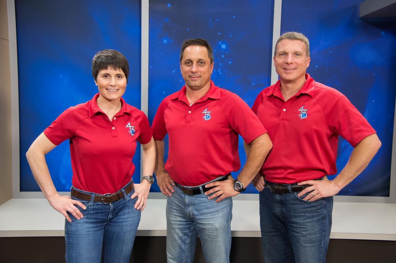 Expedition 42/43 Crew News Conference with crew members Terry Virts, Anton Shkaplerov and Samantha Cristoforetti. Photo Date: September 18, 2014.  Location:  Bldg. 2s - PAO Studio B.  Photographer: Robert Markowitz