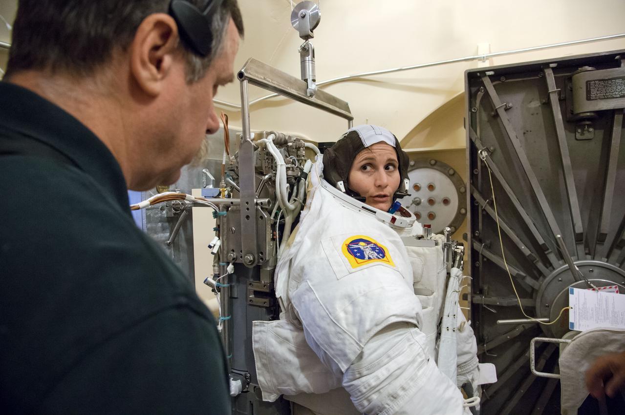 Expedition 42/43 ESA astronaut Samantha Cristoforetti during preparations for EMU Certification Altitude Run.  Photo Date: September 22, 2014.  Location: Bldg. 7, 11 foot chamber.  Photographer: Robert Markowitz  