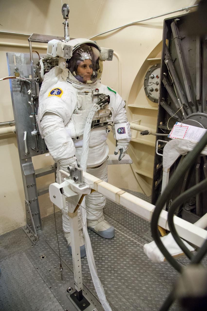 Expedition 42/43 ESA astronaut Samantha Cristoforetti during preparations for EMU Certification Altitude Run.  Photo Date: September 22, 2014.  Location: Bldg. 7, 11 foot chamber.  Photographer: Robert Markowitz  