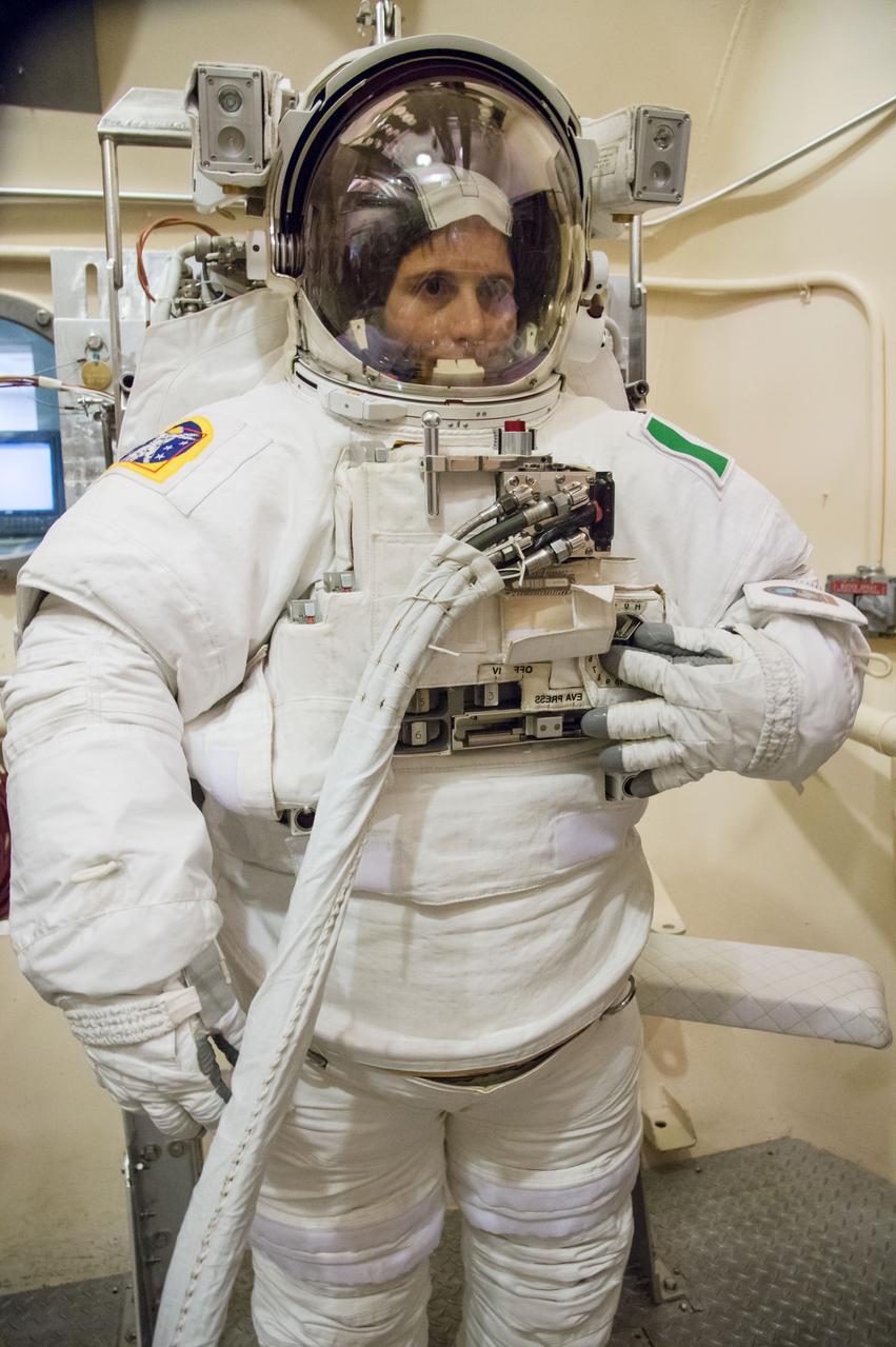 Expedition 42/43 ESA astronaut Samantha Cristoforetti during preparations for EMU Certification Altitude Run.  Photo Date: September 22, 2014.  Location: Bldg. 7, 11 foot chamber.  Photographer: Robert Markowitz  