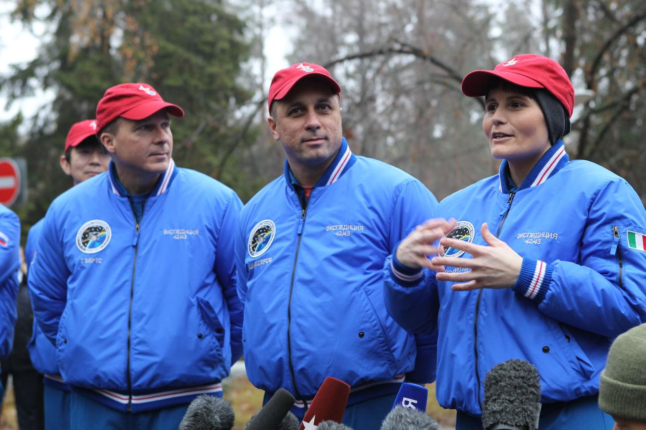 4502:  At the Gagarin Cosmonaut Training Center in Star City, Russia, Expedition 42/43 crewmember Samantha Cristoforetti of the European Space Agency (right) answers a reporter’s question Nov. 11 while her crewmates, Terry Virts of NASA (left) and Anton Shkaplerov of the Russian Federal Space Agency (Roscosmos, center) look on. Virts, Shkaplerov and Cristoforetti will launch Nov. 24, Kazakh time from Baikonur in their Soyuz TMA-15M spacecraft for a five and a half month mission on the International Space Station.  NASA/Stephanie Stoll 