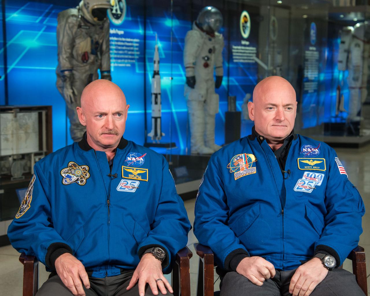 Expedition 45/46 Commander, Astronaut Scott Kelly along with his brother, former Astronaut Mark Kelly speak to news media outlets about Scott Kelly's 1-year mission aboard the International Space Station.  Photo Date: January 19, 2015.  Location: Building 2.  Photographer: Robert Markowitz