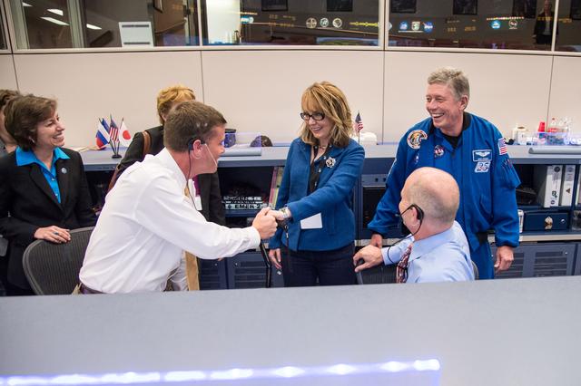 NASA image: Date: 03-27-15.Location: Bldg 30 South, FCR-1.Subject: Former Arizona Congresswoman Gabby Giffords with Astronaut Mike Fossum and JSC Center Director Ellen Ochoa.Photographer: James Blair /  NASA