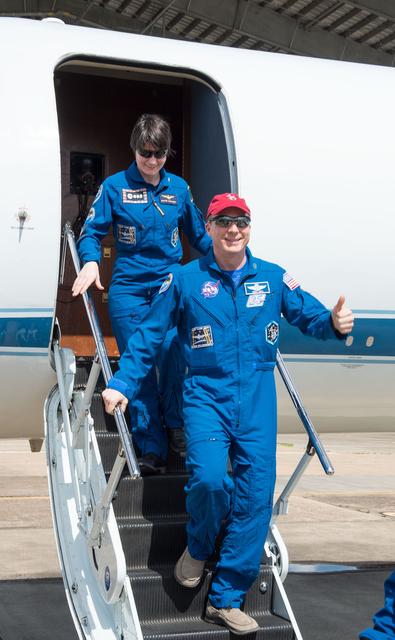 NASA image: Date: 06-12-15.Location: Ellington Field.Subject: Expedition 43 crew members Terry Virts and Samantha Cristoforetti return to Ellington Field after their mission to the ISS. .Photographer: James Blair