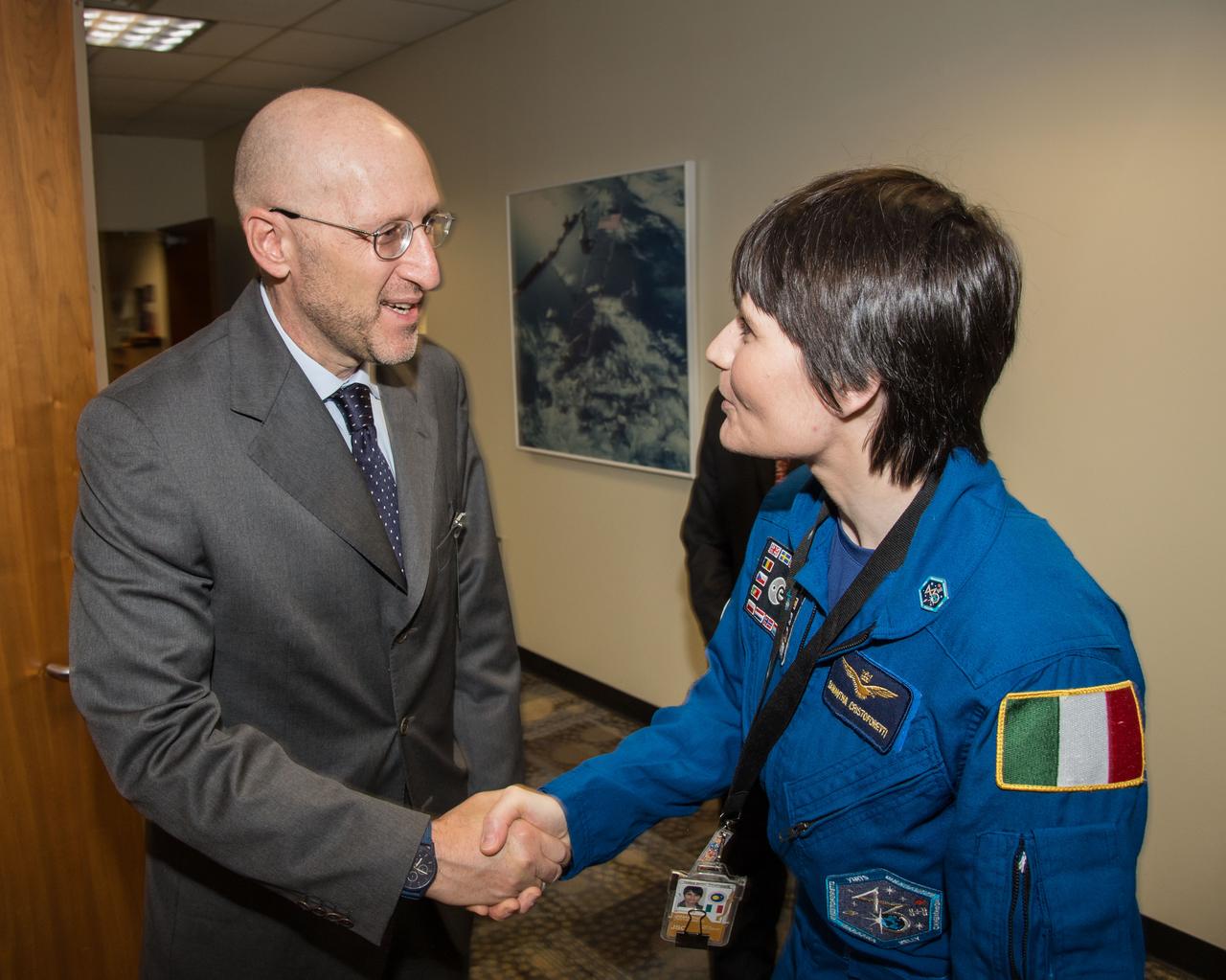 PHOTO DATE: 06-15-15 LOCATION: Bldg. 2south, Studio B SUBJECT: ESA Astronaut Samantha Chrisoforetti and the Italian Deputy Ambassador and Consul General to the United States PHOTOGRAPHER: BILL STAFFORD