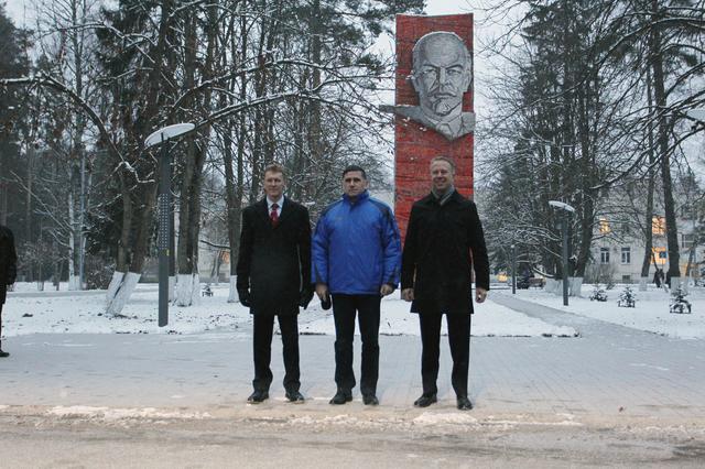 NASA image: At the Gagarin Cosmonaut Training Center in Star City, Russia, Expedition 46-47 crewmembers Tim Peake of the European Space Agency (left), Yuri Malenchenko of the Russian Federal Space Agency (Roscosmos, center) and Tim Kopra of NASA (right) pose for pictures Nov. 30 in front of the statue of Vladimir Lenin before departing for their launch site at the Baikonur Cosmodrome in Kazakhstan. Malenchenko, Kopra and Tim Peake of the European Space Agency will launch Dec. 15 in their Soyuz TMA-19M spacecraft for a six-month mission on the International Space Station..NASA / Seth Marcantel