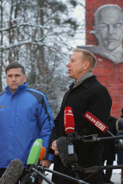 NASA image: At the Gagarin Cosmonaut Training Center in Star City, Russia, Expedition 46-47 crewmember Tim Kopra of NASA (right) answers a reporter���s question Nov. 30 before departing for his launch site at the Baikonur Cosmodrome in Kazakhstan. Looking on is crewmate Yuri Malenchenko of the Russian Federal Space Agency (Roscosmos, left), who along with Kopra and Tim Peake of the European Space Agency, will launch Dec. 15 in the Soyuz TMA-19M spacecraft for a six-month mission on the International Space Station..NASA / Seth Marcantel