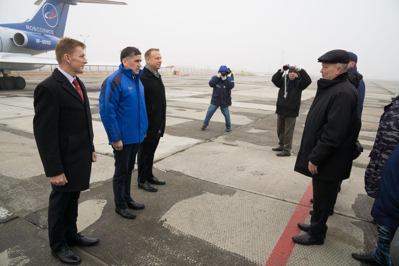 The Expedition 46-47 crewmembers arrive in Baikonur, Kazakhstan Nov. 30 for final pre-launch training following a flight from their training base at the Gagarin Cosmonaut Training Center in Star City, Russia. Tim Peake of the European Space Agency (left), Yuri Malenchenko of the Russian Federal Space Agency (Roscosmos, center) and Tim Kopra of NASA (right) will launch Dec. 15 on the Soyuz TMA-19M spacecraft for a six-month mission on the International Space Station.  NASA / Victor Zelentsov 