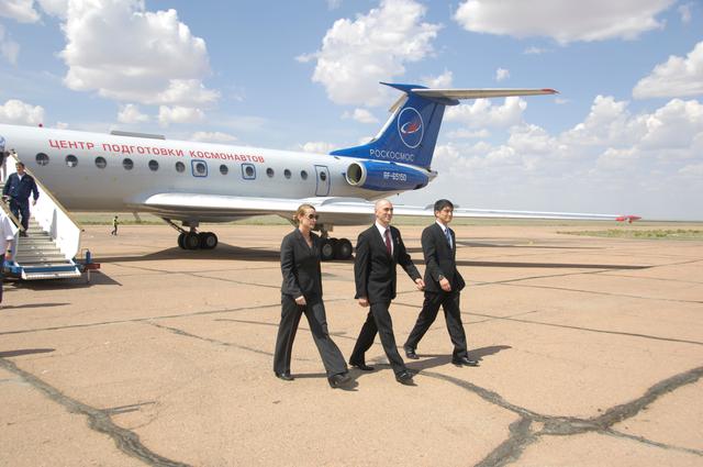 ISS Expedition 48-49 prime crewmembers Kate Rubins of NASA (left), Anatoly Ivanishin of Roscosmos (center) and Takuya Onishi of the Japan Aerospace Exploration Agency (right) arrive in Baikonur, Kazakhstan June 24 for final pre-launch training after flying from Star City, Russia. The trio will launch July 7 from the Baikonur Cosmodrome in Kazakhstan on the Soyuz MS-01 spacecraft for a planned four-month mission on the International Space Station...NASA/Alexander Vysotsky.
