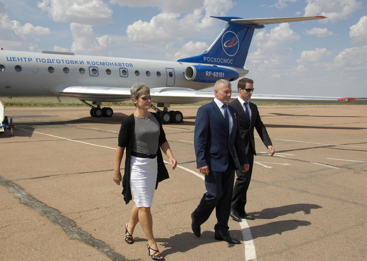 ISS Expedition 48-49 backup crewmembers Peggy Whitson of NASA (left), Oleg Novitskiy of Roscosmos (center) and Thomas Pesquet of the European Space Agency (right) arrive in Baikonur, Kazakhstan June 24 following a flight from their training base in Star City, Russia. Prime crewmembers Kate Rubins of NASA, Anatoly Ivanishin of Roscosmos and Takuya Onishi of the Japan Aerospace Exploration Agency will launch July 7 from the Baikonur Cosmodrome in Kazakhstan on the Soyuz MS-01 spacecraft for a planned four-month mission on the International Space Station.  NASA/Alexander Vysotsky 