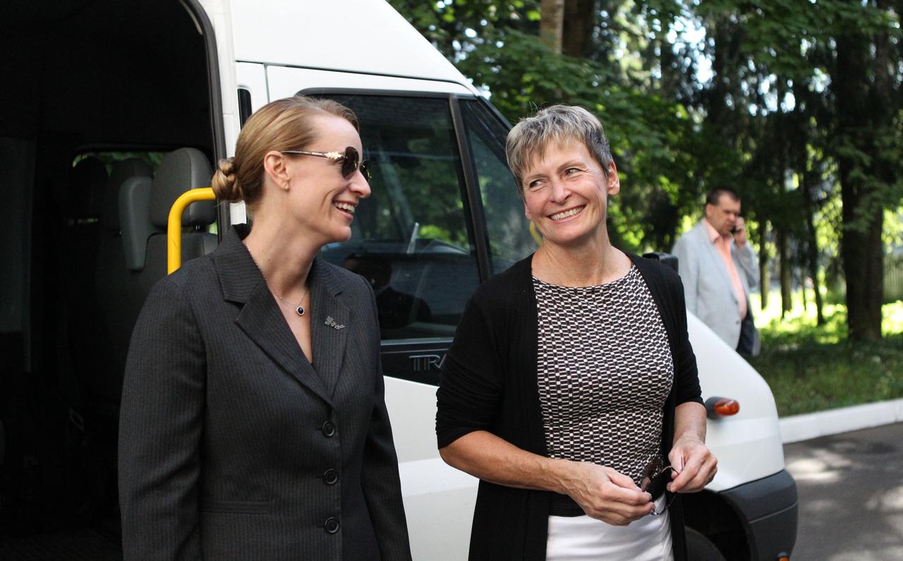 At the Gagarin Cosmonaut Training Center in Star City, Russia, ISS Expedition 48-49 prime crewmember Kate Rubins of NASA (left) shares a lighthearted moment June 24 with backup crewmember Peggy Whitson of NASA before departing for their launch site at the Baikonur Cosmodrome in Kazakhstan. Rubins, Anatoly Ivanishin of Roscosmos and Takuya Onishi of the Japan Aerospace Exploration Agency will launch July 7 from the Baikonur Cosmodrome in Kazakhstan on the Soyuz MS-01 spacecraft for a planned four-month mission on the International Space Station. NASA/Stephanie Stoll
