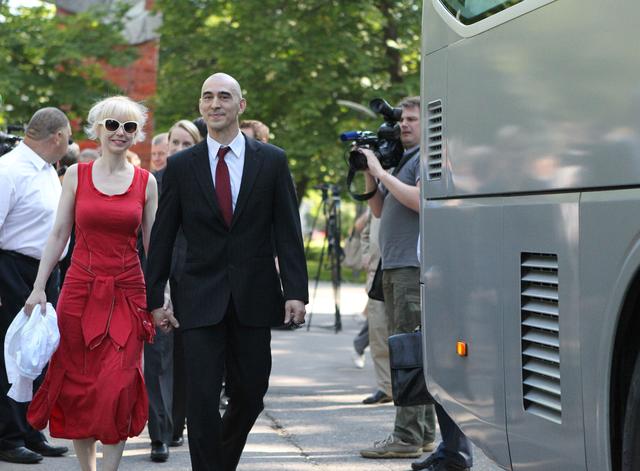 Accompanied by his wife, ISS Expedition 48-49 crewmember Anatoly Ivanishin of Roscosmos walks to a bus at the Gagarin Cosmonaut Training Center in Star City, Russia June 24 as he and his crewmates departed for their launch site at the Baikonur Cosmodrome in Kazakhstan. Kate Rubins of NASA, Ivanishin and Takuya Onishi of the Japan Aerospace Exploration Agency will launch July 7 from the Baikonur Cosmodrome in Kazakhstan on the Soyuz MS-01 spacecraft for a planned four-month mission on the International Space Station...NASA/Stephanie Stoll.