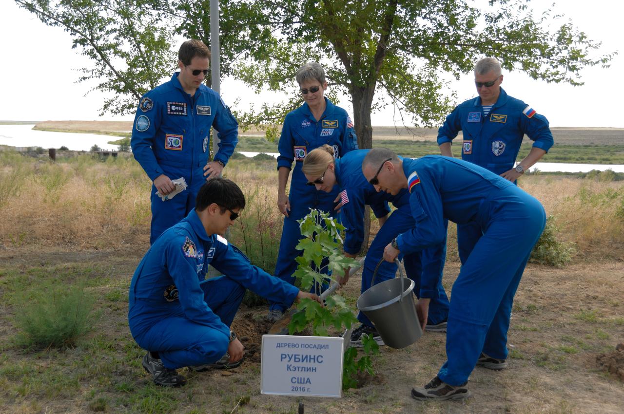 At the Cosmonaut Hotel in Baikonur, Kazakhstan, Expedition 48-49 crewmember Kate Rubins of NASA (front row, center) helps to plant a tree in her name in traditional pre-launch activities June 30 with the assistance of prime crewmates Takuya Onishi of the Japan Aerospace Exploration Agency (front row, left) and Anatoly Ivanishin of Roscosmos (front row, right). Looking on are backup crewmembers Thomas Pesquet of the European Space Agency (standing, left), Peggy Whitson of NASA (standing, center) and Oleg Novitskiy (standing, right). Rubins, Ivanishin and Onishi will launch July 7, Baikonur time, on the Soyuz MS-01 spacecraft for a planned four-month mission on the International Space Station.  NASA/Alexander Vysotsky 