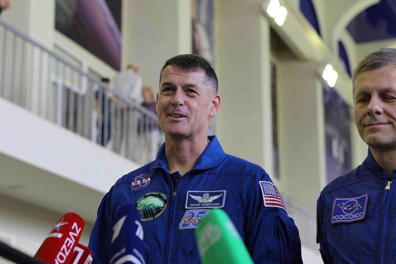 At the Gagarin Cosmonaut Training Center in Star City, Russia, Expedition 49-50 prime crewmember Shane Kimbrough of NASA responds to a reporter’s question Aug. 30 at the start of two days of final qualification exams. Kimbrough and Andrey Borisenko (right) and Sergey Ryzhikov of Roscosmos are preparing for launch on Sept. 24 (Kazakh time) on their Soyuz MS-02 vehicle from the Baikonur Cosmodrome in Kazakhstan for a five-month mission on the International Space Station. NASA/Stephanie Stoll