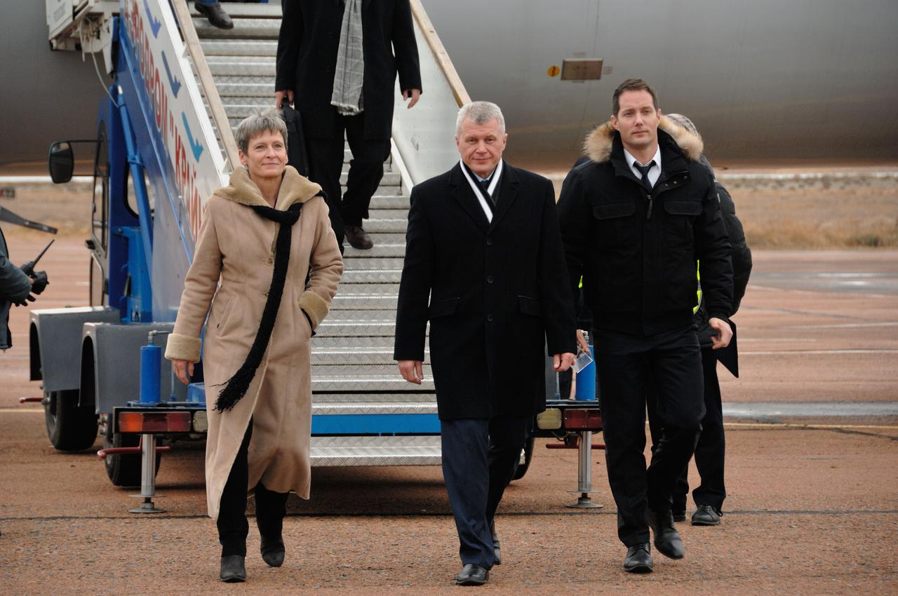 The Expedition 50-51 crew arrives at the launch site in Baikonur, Kazakhstan Nov. 1 after a flight from their training base in Star City, Russia. From left to right are Peggy Whitson of NASA, Oleg Novitskiy of the Russian Federal Space Agency (Roscosmos) and Thomas Pesquet of the European Space Agency. The three crewmembers will launch Nov. 18, Baikonur time, on the Soyuz MS-03 spacecraft for a six-month mission on the International Space Station. NASA/Alexander Vysotsky