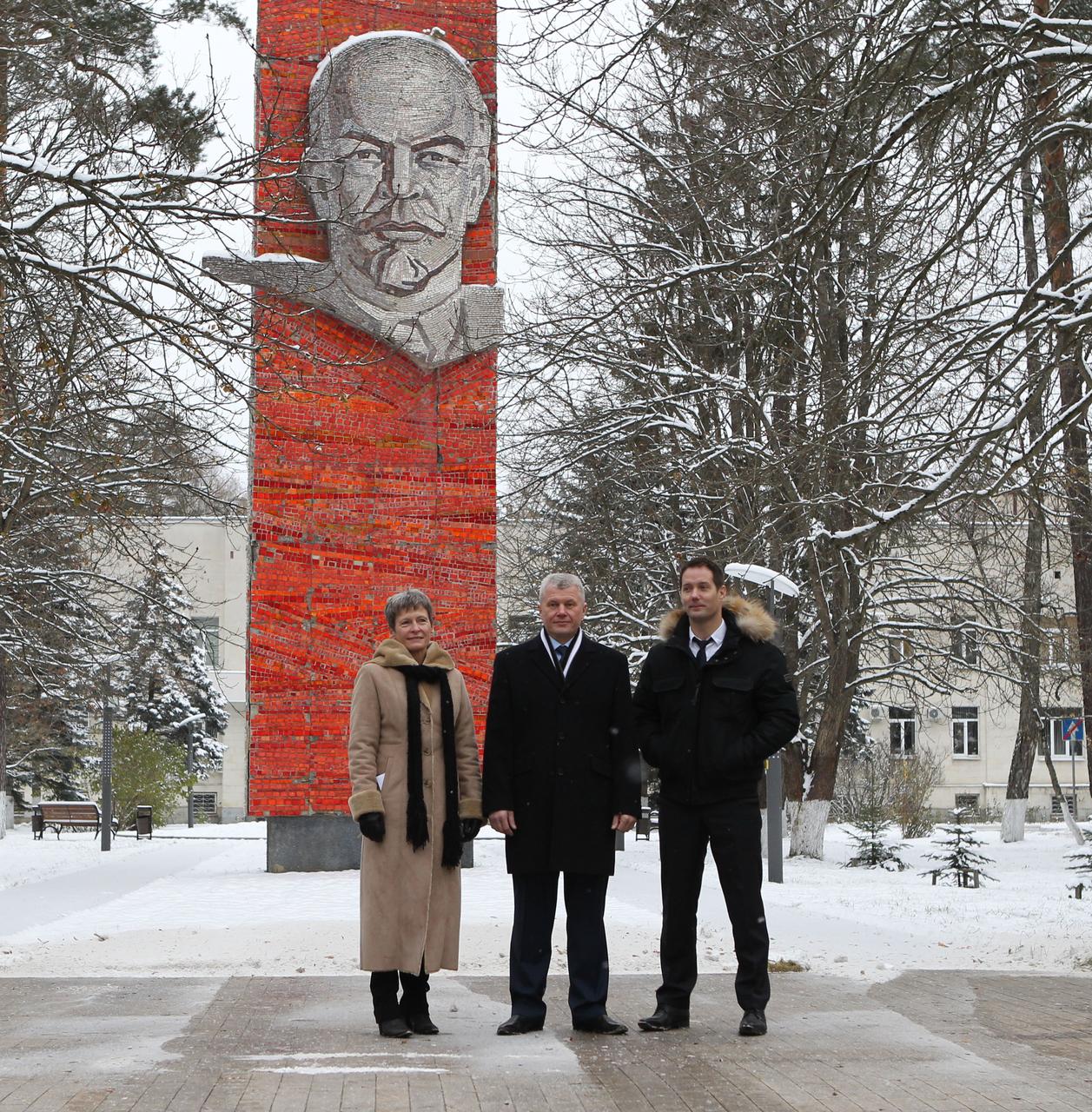 At the Gagarin Cosmonaut Training Center in Star City, Russia, the Expedition 50-51 crew poses for pictures Nov. 1 in front of Lenin’s Statue before departing for their launch site in Baikonur, Kazakhstan. From left to right are Peggy Whitson of NASA, Oleg Novitskiy of the Russian Federal Space Agency (Roscosmos) and Thomas Pesquet of the European Space Agency. The trio will launch Nov. 18, Baikonur time, on the Soyuz MS-03 spacecraft for a six-month mission on the International Space Station. NASA/Stephanie Stoll