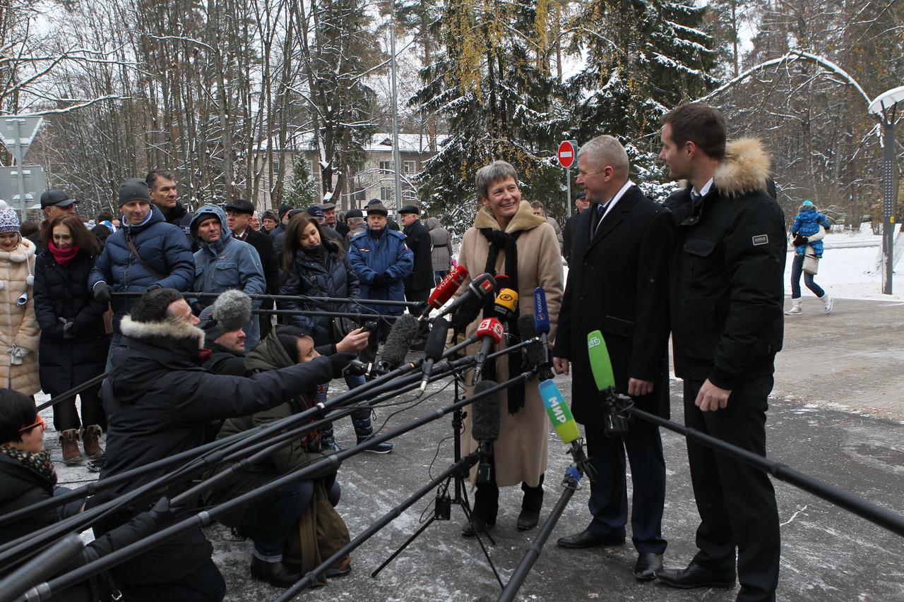 At the Gagarin Cosmonaut Training Center in Star City, Russia, Expedition 50-51 crewmembers Peggy Whitson of NASA (left), Oleg Novitskiy of the Russian Federal Space Agency (Roscosmos, center) and Thomas Pesquet of the European Space Agency (right) answer questions from reporters Nov. 1 before for their launch site in Baikonur, Kazakhstan. The trio will launch Nov. 18, Baikonur time, on the Soyuz MS-03 spacecraft for a six-month mission on the International Space Station. NASA/Stephanie Stoll