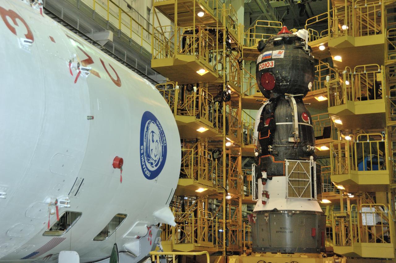 In the Integration Facility at the Baikonur Cosmodrome in Kazakhstan, the Soyuz MS-03 spacecraft stands poised for its encapsulation into the upper stage of its Soyuz booster Nov. 9. Expedition 50-51 crewmembers Peggy Whitson of NASA, Oleg Novitskiy of the Russian Federal Space Agency (Roscosmos) and Thomas Pesquet of the European Space Agency will launch on the Soyuz Nov. 18, Baikonur time, for a six-month mission on the International Space Station. NASA/Alexander Vysotsky