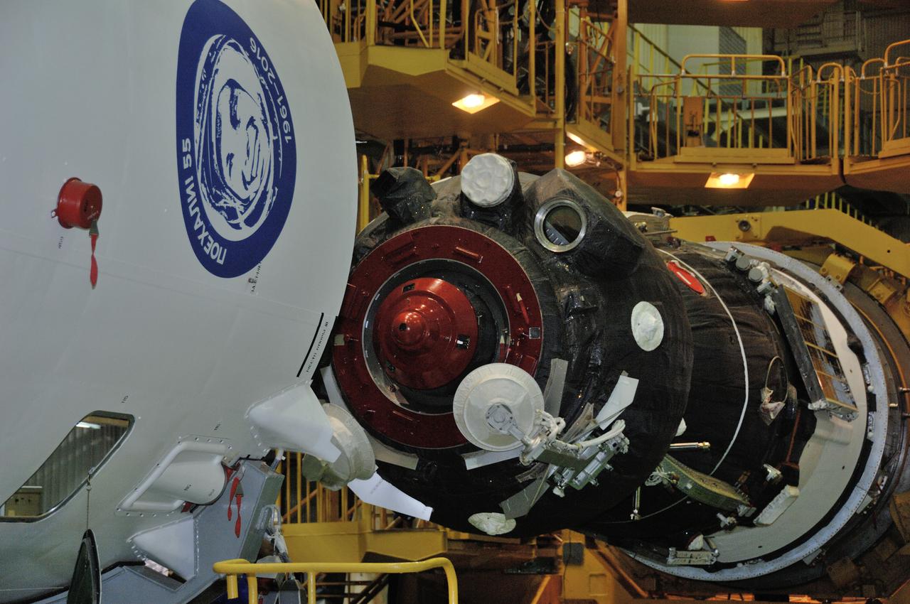 In the Integration Facility at the Baikonur Cosmodrome in Kazakhstan, the Soyuz MS-03 spacecraft begins its encapsulation into the upper stage of its Soyuz booster Nov. 9. Expedition 50-51 crewmembers Peggy Whitson of NASA, Oleg Novitskiy of the Russian Federal Space Agency (Roscosmos) and Thomas Pesquet of the European Space Agency will launch on the Soyuz Nov. 18, Baikonur time, for a six-month mission on the International Space Station. NASA/Alexander Vysotsky