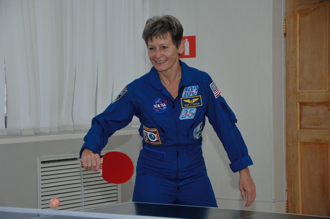 At her Cosmonaut Hotel crew quarters in Baikonur, Kazakhstan, Expedition 50-51 crewmember Peggy Whitson of NASA tries her hand at a game of ping-pong Nov. 10 as part of her preflight activities. Whitson, Thomas Pesquet of the European Space Agency (left) and Oleg Novitskiy of the Russian Federal Space Agency (Roscosmos) will launch Nov. 18, Baikonur time, on the Soyuz MS-03 spacecraft for a six-month mission on the International Space Station. NASA/Alexander Vysotsky