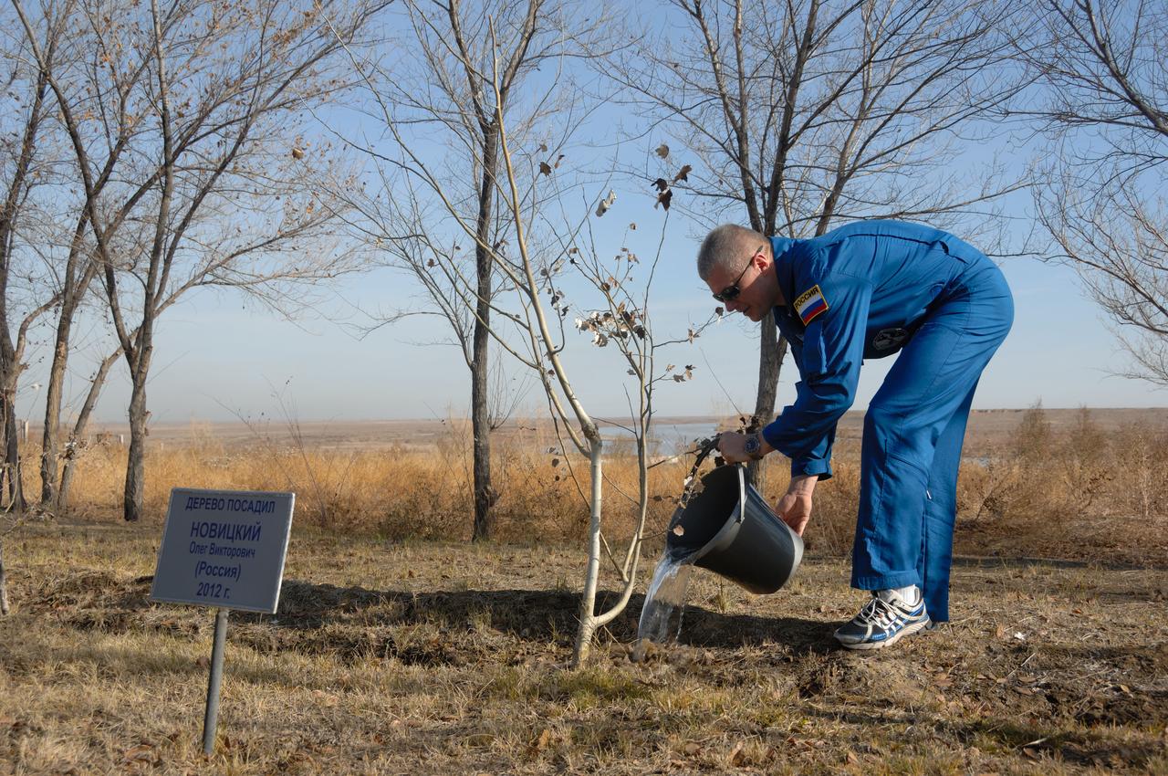 At the Cosmonaut Hotel crew quarters in Baikonur, Kazakhstan, Expedition 50-51 crewmember Oleg Novitskiy of the Russian Federal Space Agency (Roscosmos) waters a tree bearing his name Nov. 10 as part of traditional ceremonies. Novitskiy, Peggy Whitson of NASA and Thomas Pesquet of the European Space Agency will launch Nov. 18, Baikonur time, on the Soyuz MS-03 spacecraft for a six-month mission on the International Space Station. NASA/Alexander Vysotsky