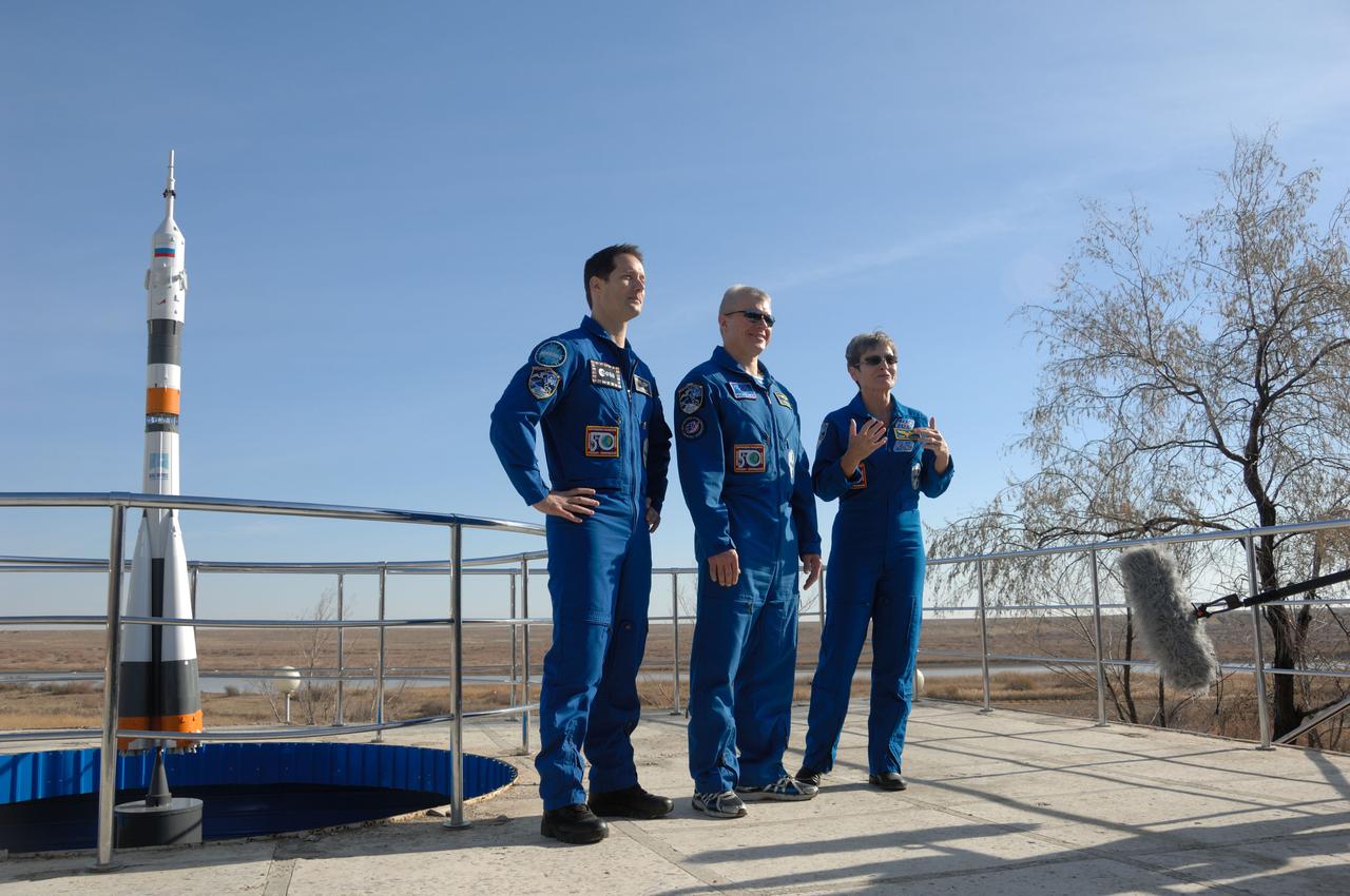 At the Cosmonaut Hotel crew quarters in Baikonur, Kazakhstan, Expedition 50-51 crewmembers Thomas Pesquet of the European Space Agency (left), Oleg Novitskiy of the Russian Federal Space Agency (Roscosmos, center) and Peggy Whitson of NASA (right) answer questions from reporters Nov. 10 during preflight activities. They will launch Nov. 18, Baikonur time, on the Soyuz MS-03 spacecraft for a six-month mission on the International Space Station. NASA/Alexander Vysotsky