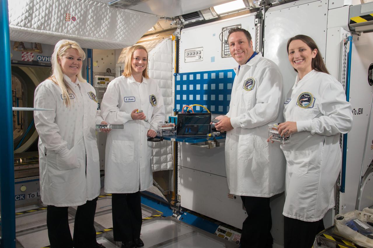 PHOTO DATE: 11-14-16 LOCATION: ISS MOCKUPS SUBJECT: Biomolecule Sequencer team group portrait of Sara Wallace, Sarah Stahl-Rommel, Aaron Burton and Kristen John.  PHOTOGRAPHER: BILL STAFFORD