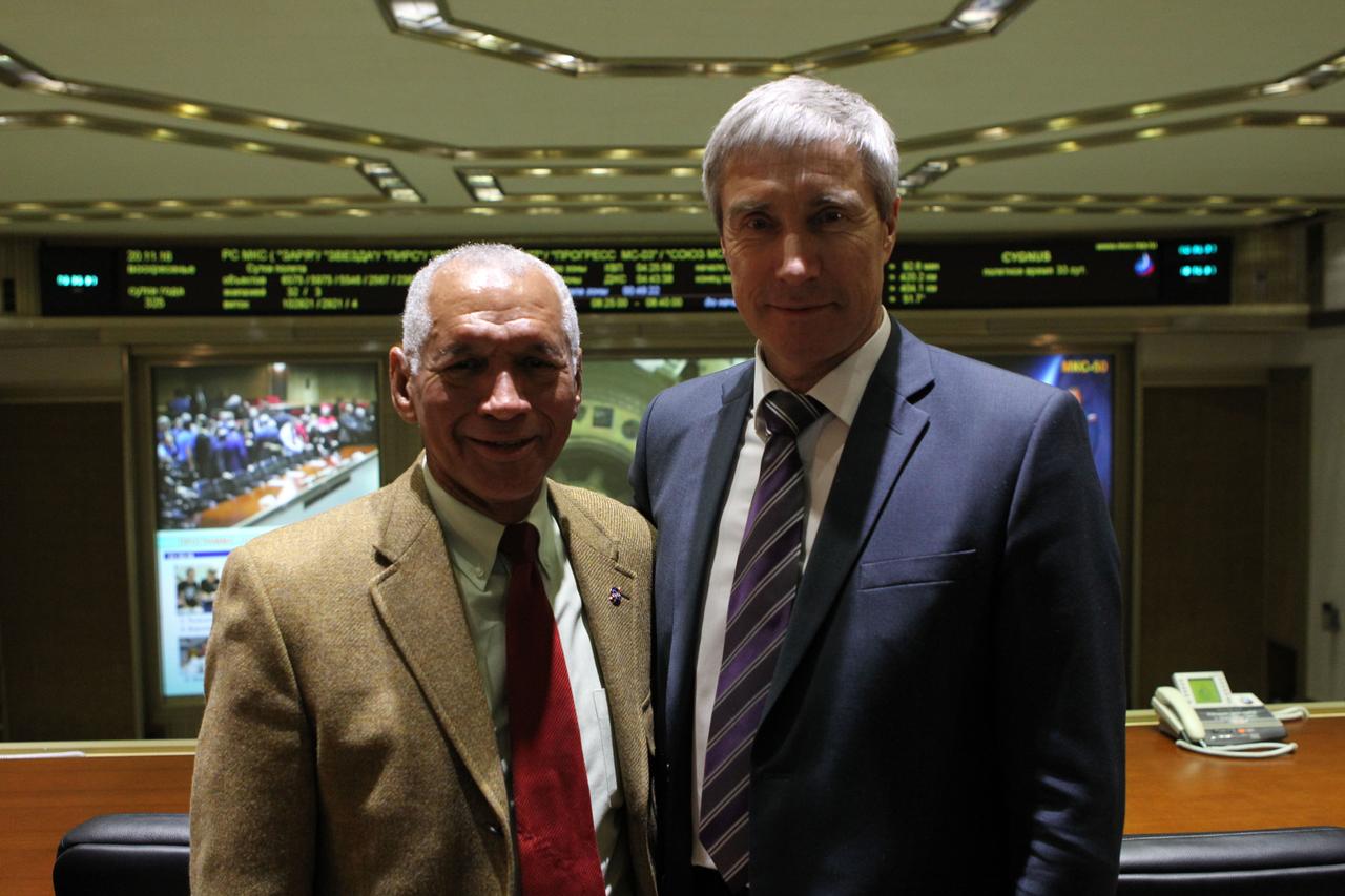 At the Russian Mission Control Center in Korolev, Russia, NASA Administrator Charles Bolden (left) and cosmonaut Sergei Krikalev, now a manager in the Russian Federal Space Agency (Roscosmos), pose for pictures Nov. 20 following the docking of the Soyuz MS-03 spacecraft to the International Space Station. Aboard the Soyuz were Expedition 50-51 crewmembers Peggy Whitson of NASA, Oleg Novitskiy of the Russian Federal Space Agency (Roscosmos) and Thomas Pesquet of the European Space Agency. Bolden served as commander of the space shuttle Discovery on the STS-60 mission in February 1994 in which Krikalev served as a mission specialist.     NASA/Stephanie Stoll