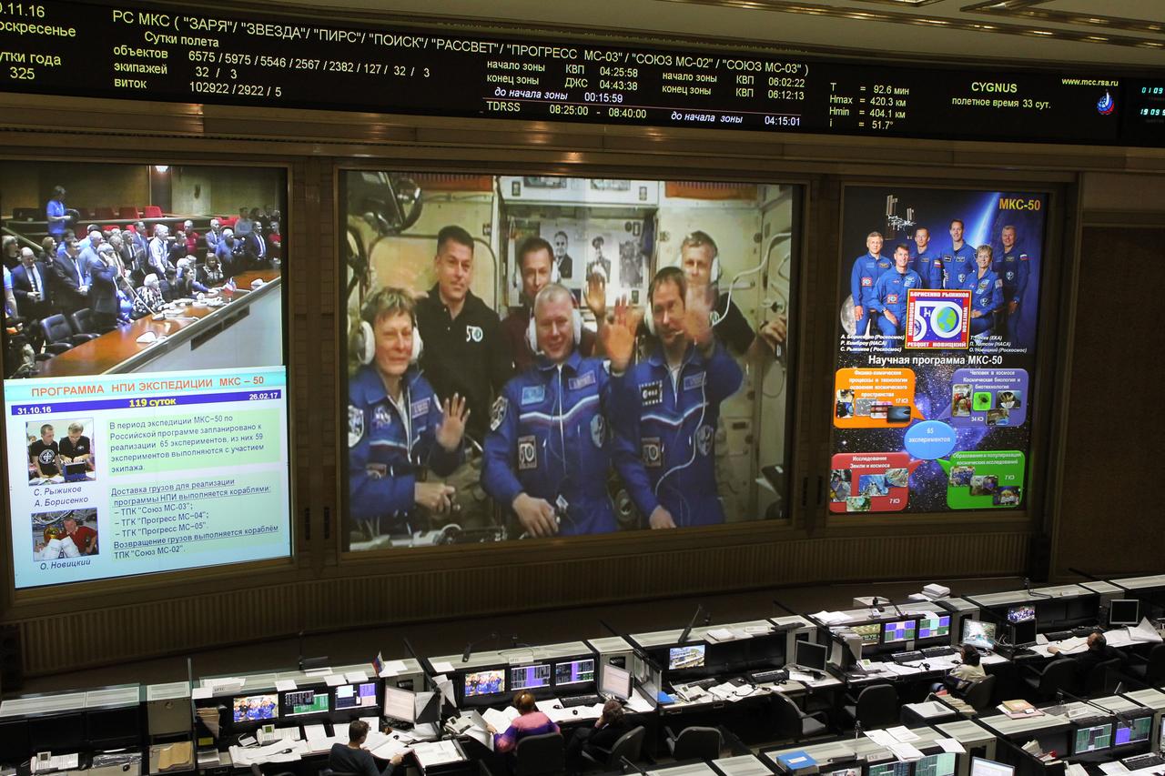 On the front screen in the cavernous control room at the Russian Mission Control Center in Korolev, Russia, the Expedition 50 crewmembers receive congratulatory calls from friends and family Nov. 20 following the arrival of Peggy Whitson of NASA, Oleg Novitskiy of the Russian Federal Space Agency (Roscosmos) and Thomas Pesquet of the European Space Agency at the International Space Station on the Soyuz MS-03 spacecraft. Hatches opened between the Soyuz and the station about two and a half hours after the Soyuz docked to the complex. NASA/Stephanie Stoll