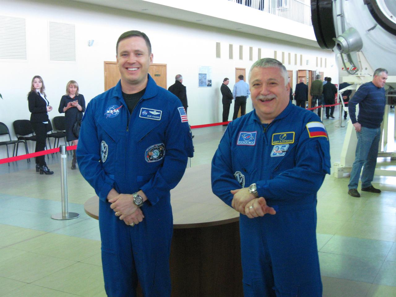 jsc2017e038547 (March 30, 2017) --- At the Gagarin Cosmonaut Training Center in Star City, Russia, Expedition 51 crewmembers Jack Fischer of NASA (left) and Fyodor Yurchikhin of the Russian Federal Space Agency (Roscosmos, right) flash broad smiles March 30 as they begin final crew qualification exams. They will launch April 20 on the Soyuz MS-04 spacecraft from the Baikonur Cosmodrome in Kazakhstan for a four and a half month mission on the International Space Station. Credit: NASA/Rob Navias