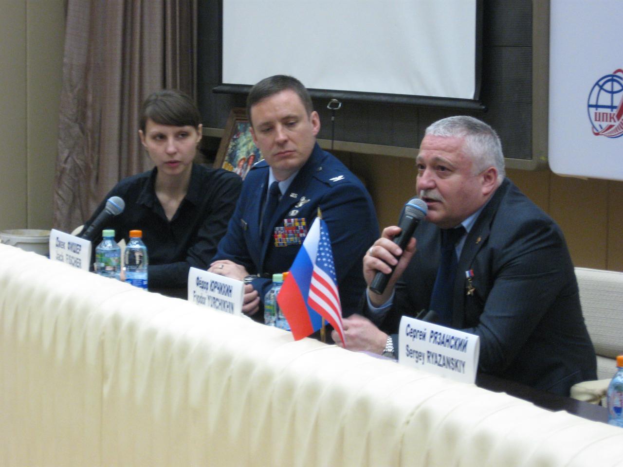 jsc2017e039448 (04/03/2017) --- At the Gagarin Cosmonaut Training Center in Star City, Russia, Expedition 51 crewmember Fyodor Yurchikhin of the Russian Federal Space Agency (Roscosmos, right) answers a reporter’s question April 3 during a traditional news conference. On Yurchikhin’s right is crewmate Jack Fischer of NASA. They will launch April 20 on the Soyuz MS-04 spacecraft from the Baikonur Cosmodrome in Kazakhstan for a four and a half month mission on the International Space Station. Photo: NASA/Rob Navias