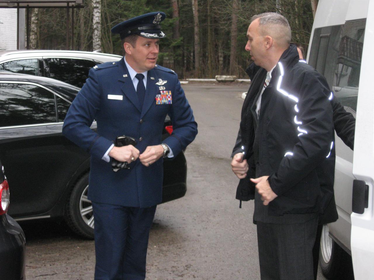 jsc2017e039767 (04/05?2017) --- At the Gagarin Cosmonaut Training Center in Star City, Russia, Expedition 51 crewmember Jack Fischer of NASA (left) exchanges morning greetings with his backup, Randy Bresnik of NASA April 5 as they prepared to fly to the launch site at the Baikonur Cosmodrome in Kazakhstan for final pre-launch preparations. Fischer and Fyodor Yurchikhin of the Russian Federal Space Agency (Roscosmos) will launch April 20 on the Soyuz MS-04 spacecraft from Baikonur for a four and a half month mission on the International Space Station. Photo: NASA/Rob Navias