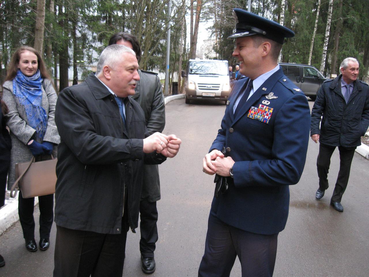 jsc2017e039768 (04/05/2017) --- At the Gagarin Cosmonaut Training Center in Star City, Russia, Expedition 51 crewmembers Fyodor Yurchikhin of the Russian Federal Space Agency (Roscosmos, left) and Jack Fischer of NASA (right) share a light moment April 5 as they prepared to fly to the launch site at the Baikonur Cosmodrome in Kazakhstan for final pre-launch preparations. Fischer and Fyodor Yurchikhin of the Russian Federal Space Agency (Roscosmos) will launch April 20 on the Soyuz MS-04 spacecraft from Baikonur for a four and a half month mission on the International Space Station. Photo: NASA/Rob Navias
