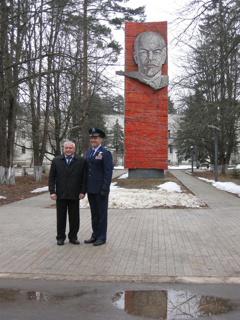 jsc2017e039773 (04/05/2017) --- At the Gagarin Cosmonaut Training Center in Star City, Russia, the statue of Vladimir Lenin serves as a backdrop as Expedition 51 crewmembers Fyodor Yurchikhin of the Russian Federal Space Agency (Roscosmos, left) and Jack Fischer of NASA (right) pose for pictures April 5 before departing for their launch site at the Baikonur Cosmodrome in Kazakhstan for final pre-launch training. Fischer and Yurchikhin will launch April 20 on the Soyuz MS-04 spacecraft from Baikonur for a four and a half month mission on the International Space Station. Photo: NASA/Rob Navias.
