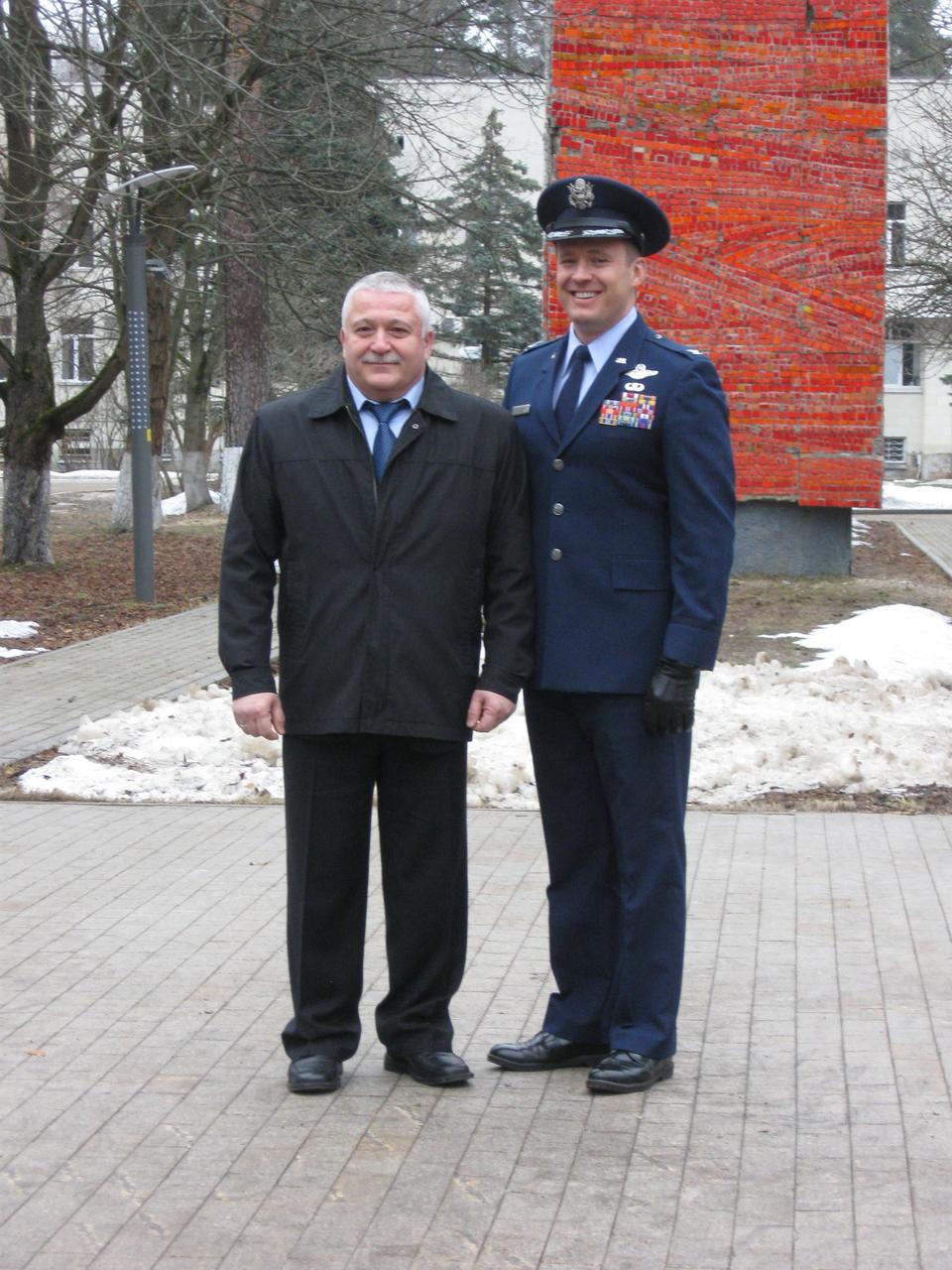 jsc2017e039774 (04/05/2017) --- At the Gagarin Cosmonaut Training Center in Star City, Russia, Expedition 51 crewmembers Fyodor Yurchikhin of the Russian Federal Space Agency (Roscosmos, left) and Jack Fischer of NASA (right) pose for pictures April 5 before departing for their launch site at the Baikonur Cosmodrome in Kazakhstan for final pre-launch training. .Fischer and Yurchikhin will launch April 20 on the Soyuz MS-04 spacecraft from Baikonur for a four and a half month mission on the International Space Station. Photo: NASA/Rob Navias