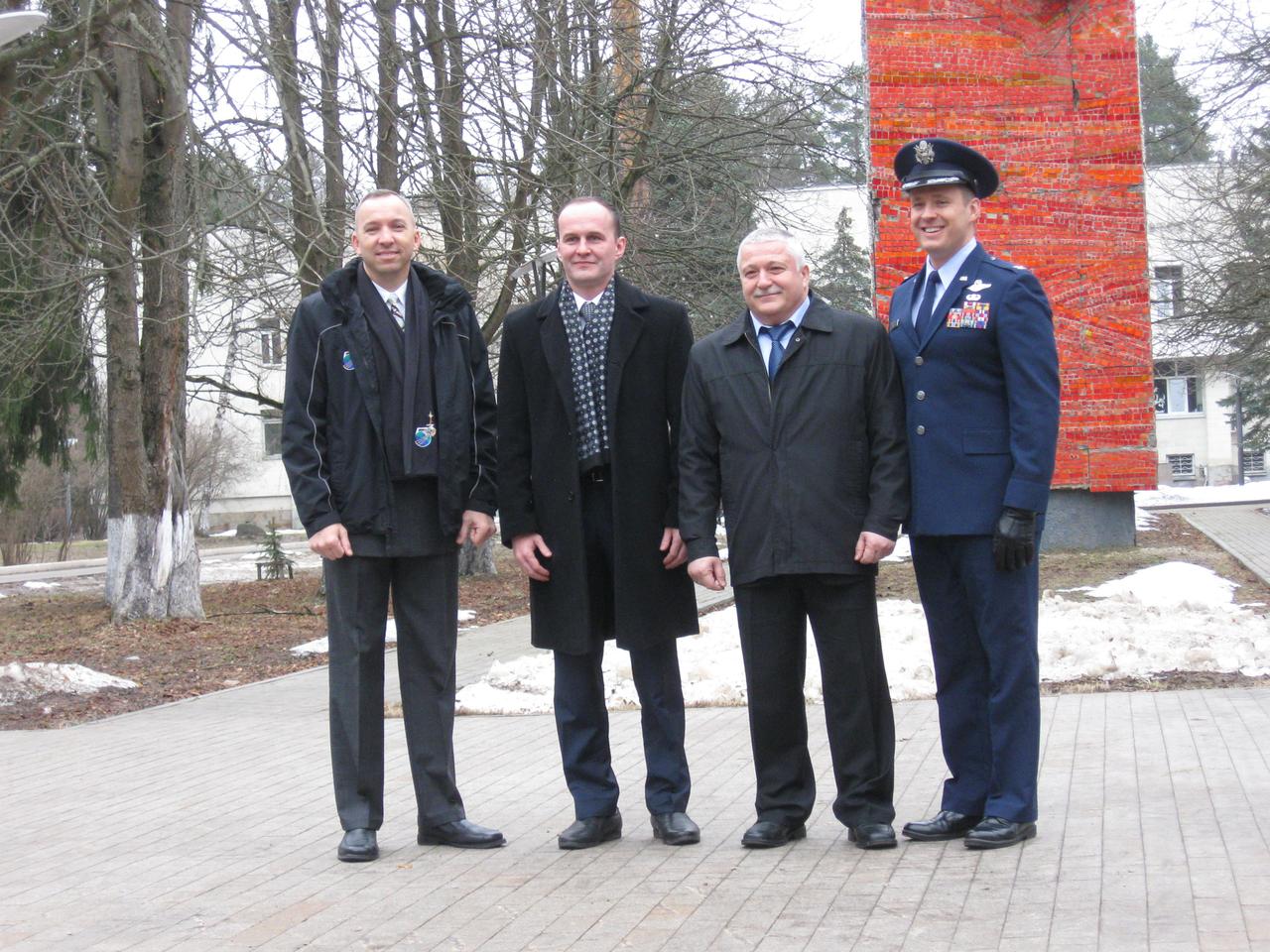 jsc2017e039775 (04/05/2017) --- At the Gagarin Cosmonaut Training Center in Star City, Russia, the Expedition 51 prime and backup crewmembers pose for pictures April 5 before flying to their launch site at the Baikonur Cosmodrome in Kazakhstan for final pre-launch preparations. From left to right are backup crewmembers Randy Bresnik of NASA and Sergey Ryazanskiy of the Russian Federal Space Agency (Roscosmos) and prime crewmembers Fyodor Yurchikhin of Roscosmos and Jack Fischer of NASA. Fischer and Yurchikhin will launch April 20 on the Soyuz MS-04 spacecraft from Baikonur for a four and a half month mission on the International Space Station. Photo: NASA/Rob Navias