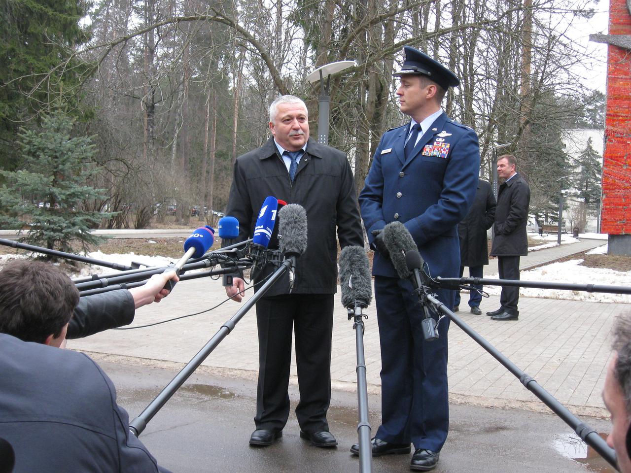 jsc2017e039776 (04/05/2017) --- At the Gagarin Cosmonaut Training Center in Star City, Russia, Expedition 51 crewmembers Fyodor Yurchikhin of the Russian Federal Space Agency (Roscosmos, left) and Jack Fischer of NASA (right) answer reporters’ questions April 5 before departing for their launch site at the Baikonur Cosmodrome in Kazakhstan for final pre-launch training. Fischer and Yurchikhin will launch April 20 on the Soyuz MS-04 spacecraft from Baikonur for a four and a half month mission on the International Space Station. Photo: NASA/Rob Navias