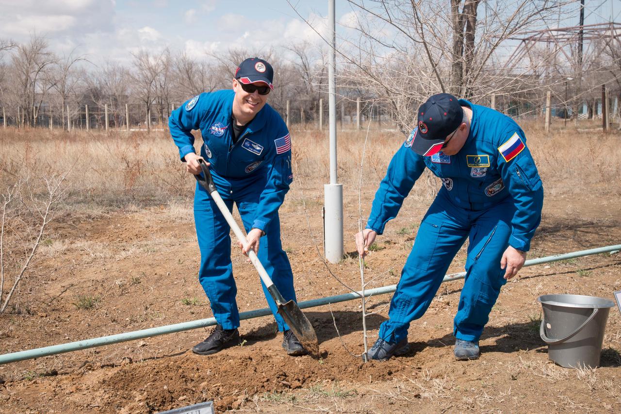 jsc2017e043077 (April 13, 2017) --- At the Cosmonaut Hotel crew quarters in Baikonur, Kazakhstan, Expedition 51 crewmember Fyodor Yurchikhin of the Russian Federal Space Agency (Roscosmos, right) helps crewmate Jack Fischer of NASA (left) plant a tree in Fischer’s name April 13 as part of traditional pre-launch activities. Fischer and Yurchikhin will liftoff April 20 from the Baikonur Cosmodrome on the Soyuz MS-04 spacecraft for a four and a half month mission on the International Space Station. NASA/Victor Zelentsov